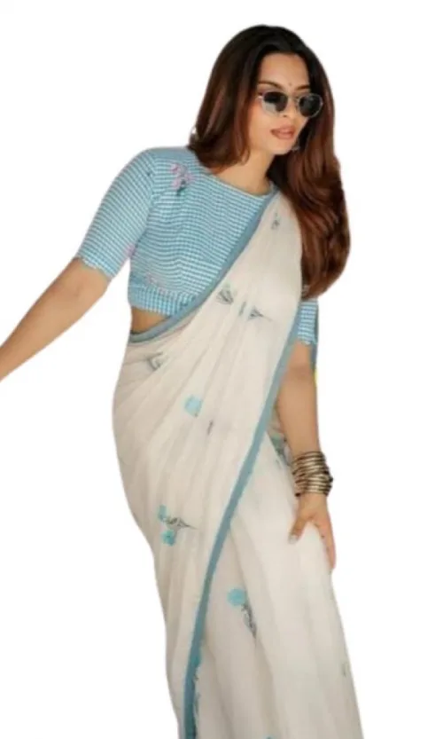 Women's Linen Printed Saree With Unstitched Blouse 5.5Mtr (White)