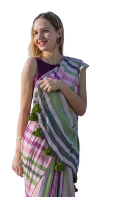 Women's Linen Printed Saree With Unstitched Blouse 5.5Mtr (Pink)