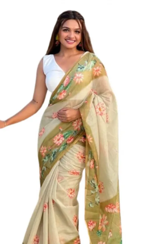 Women's Linen Printed Saree With Unstitched Blouse 5.5Mtr (Mahendi)