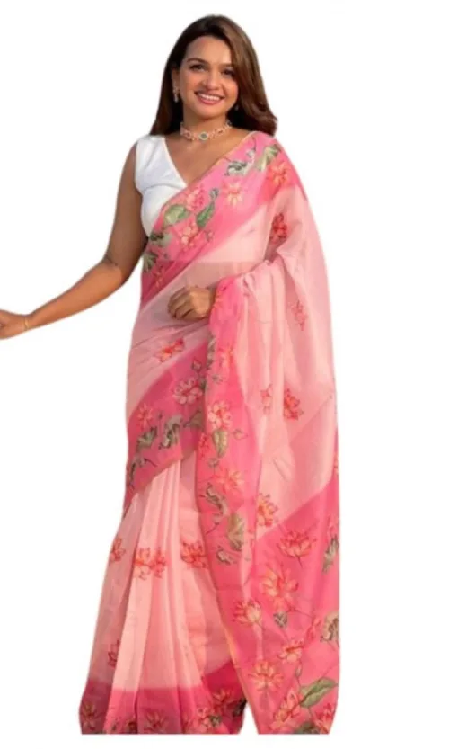 Women's Linen Printed Saree With Unstitched Blouse 5.5Mtr (Pink)