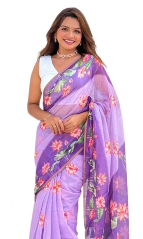 Women's Linen Printed Saree With Unstitched Blouse 5.5Mtr (Purple)