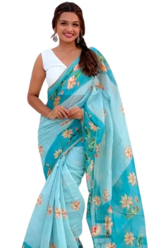 Women's Linen Printed Saree With Unstitched Blouse 5.5Mtr (Aqua)