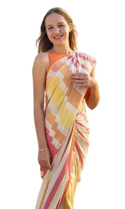 Women's Linen Printed Saree With Unstitched Blouse 5.5Mtr (Yellow)