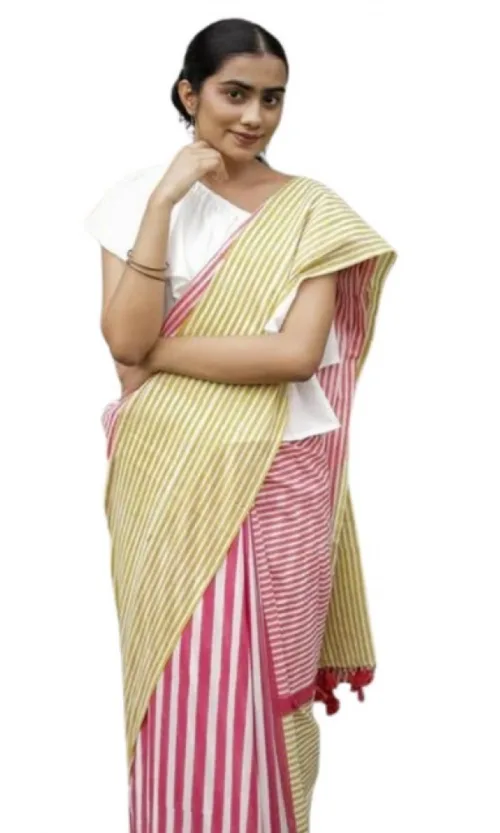 Women's Linen Printed Saree With Unstitched Blouse 5.5Mtr (Yellow)