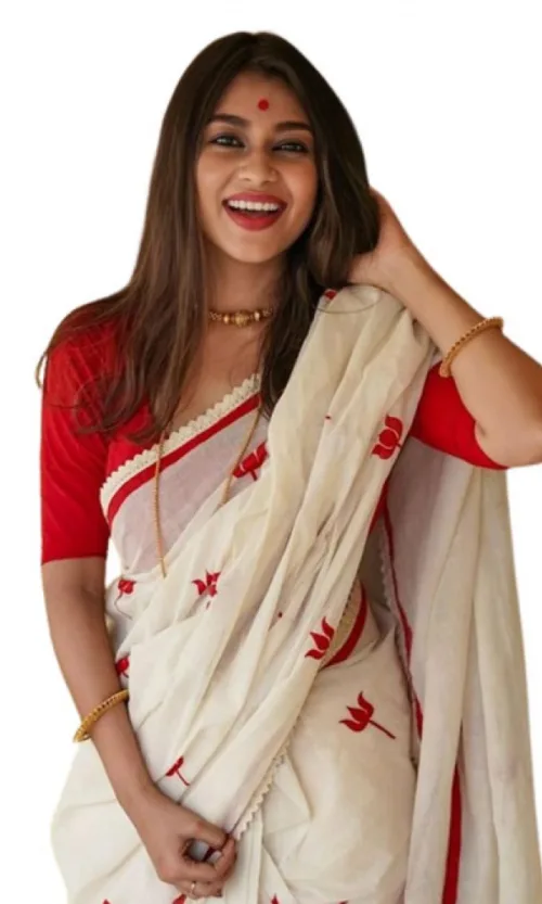 Women's Linen Printed Saree With Unstitched Blouse 5.5Mtr (White)