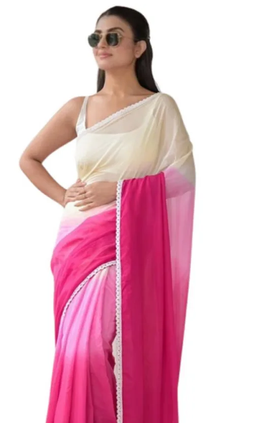 Women's Linen Printed Saree With Unstitched Blouse 5.5Mtr (Pink)