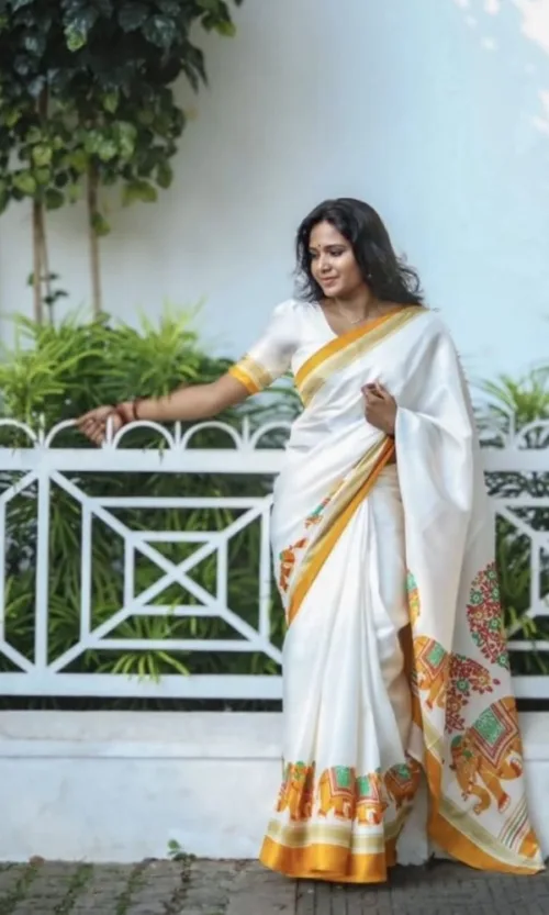 Women's Linen Printed Saree With Unstitched Blouse 5.5Mtr (White)