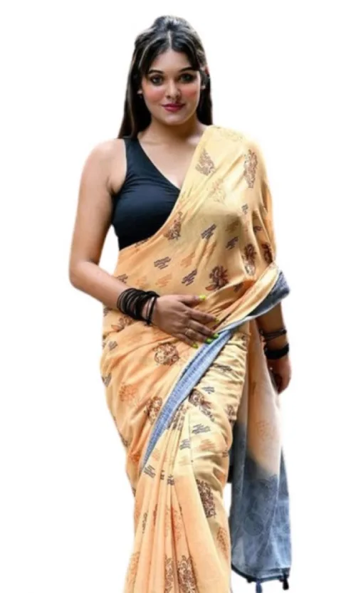 Women's Linen Printed Saree With Unstitched Blouse 5.5Mtr (Peach)