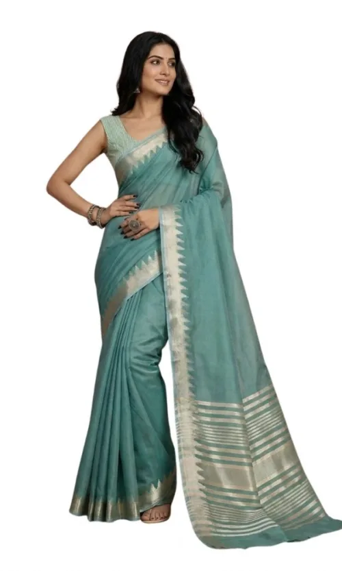 Women's Cotton Printed Saree With Unstitched Blouse 5.5Mtr (Teal)