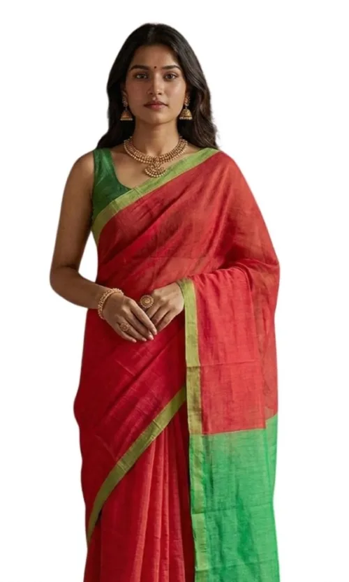 Women's Cotton Printed Saree With Unstitched Blouse 5.5Mtr (Red)