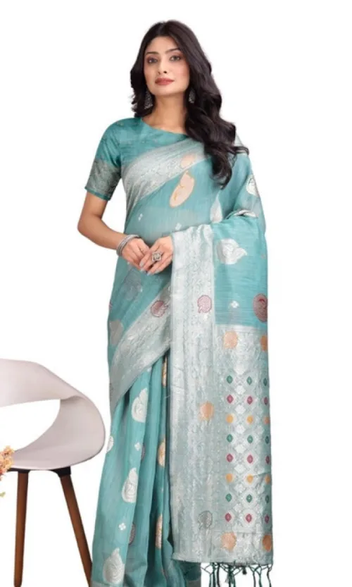 Women's Linen Cotton Printed Saree With Unstitched Blouse 5.5Mtr (Sea Green)