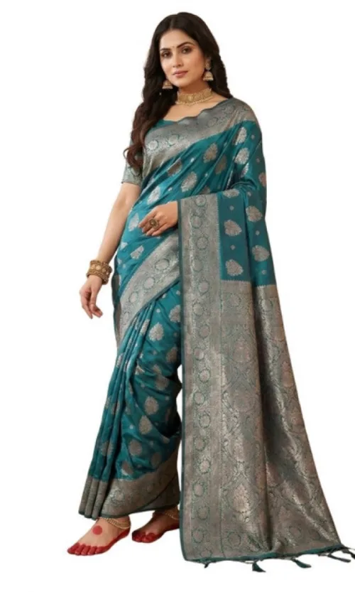 Women's Silk Blend Printed Saree With Unstitched Blouse 5.5Mtr (Sea Green)