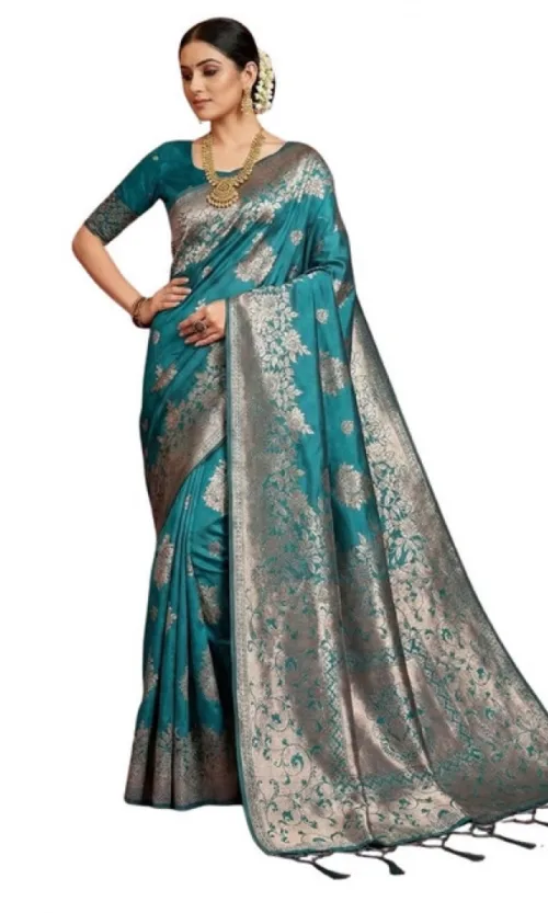 Women's Silk Blend Printed Saree With Unstitched Blouse 5.5Mtr (Sea Green)