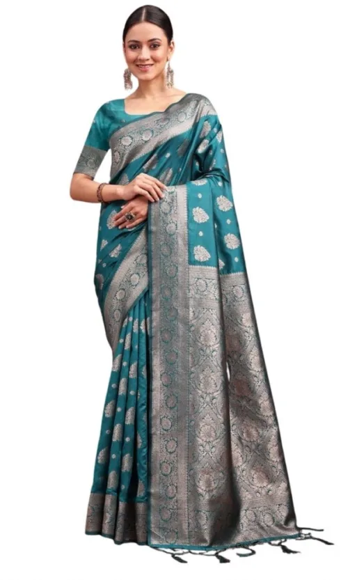 Women's Banarasi Silk Printed Saree With Unstitched Blouse 5.5Mtr (Sea Green)