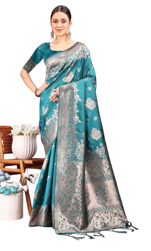 Women's Banarasi Silk Printed Saree With Unstitched Blouse 5.5Mtr (Sea Green)