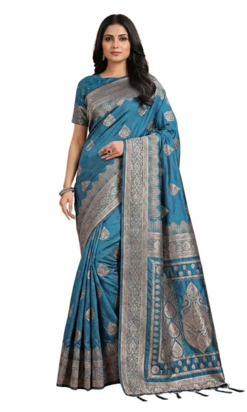Women's Silk Blend Printed Saree With Unstitched Blouse 5.5Mtr (Teal)