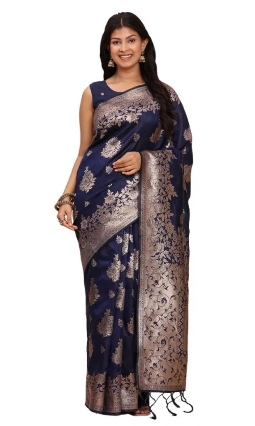 Women's Banarasi Silk Printed Saree With Unstitched Blouse 5.5Mtr (Navy Blue)