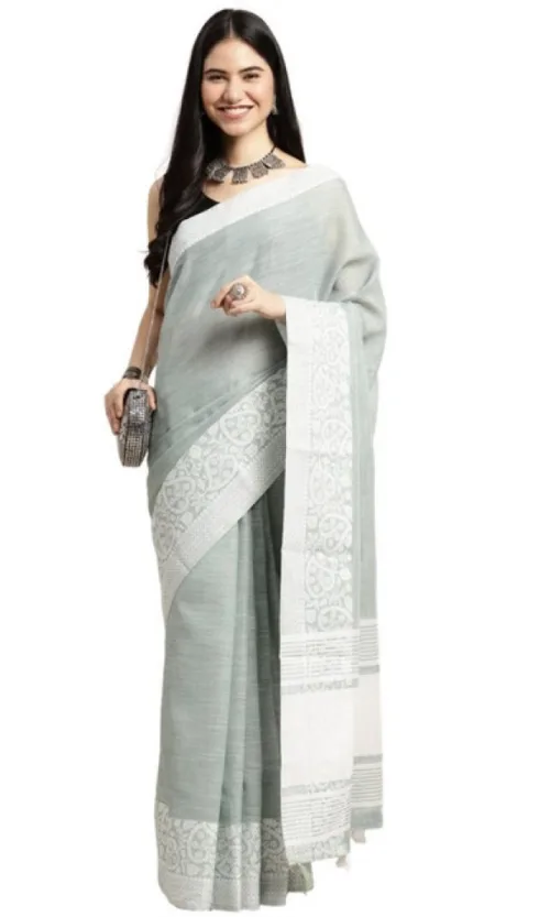 Women's Linen Printed Saree With Unstitched Blouse 5.5Mtr (Sea Green)