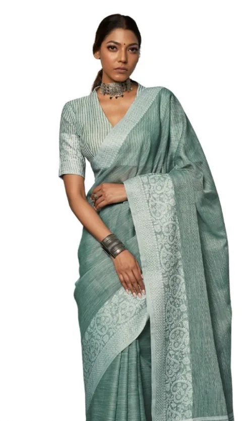 Women's Linen Printed Saree With Unstitched Blouse 5.5Mtr (Sea Green)