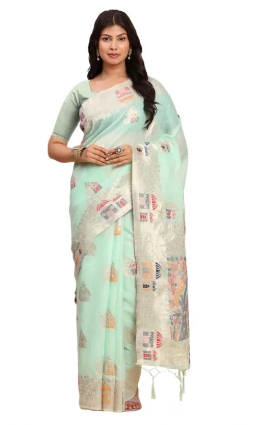 Women's Linen Cotton Printed Saree With Unstitched Blouse 5.5Mtr (Sea Green)
