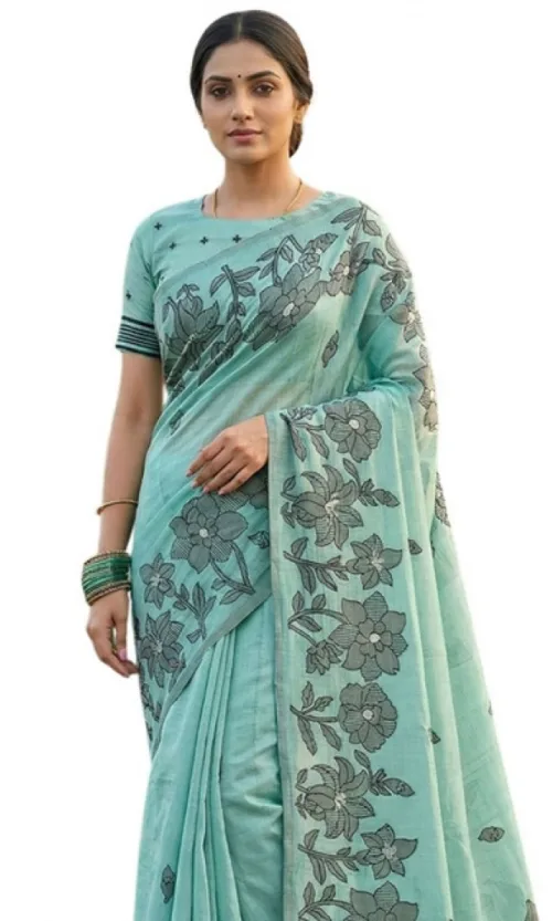 Women's Linen Cotton Printed Saree With Unstitched Blouse 5.5Mtr (Sea Green)