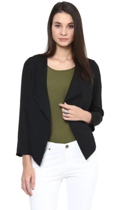 Women's Polyester Solid Long Sleeves Blazer (Black)