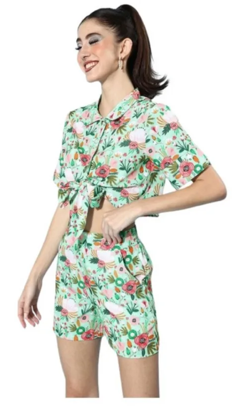 Women's Polyester Floral Short Sleeve Co-Ord Set (Multicolor)