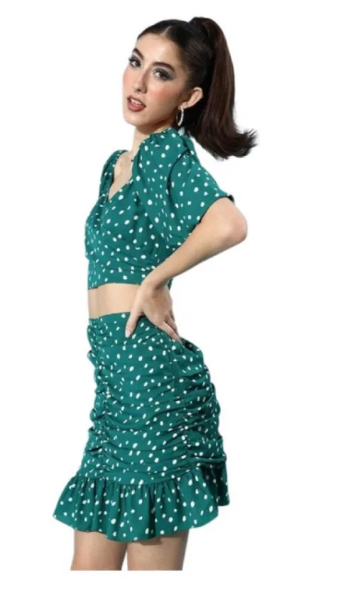 Women's Polyester Floral Short Sleeve Co-Ord Set (Green)