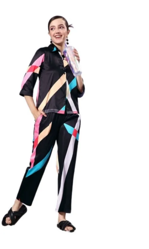 Women's Satin Colour Block Long Sleeves Co-Ord Set (Multicolor)