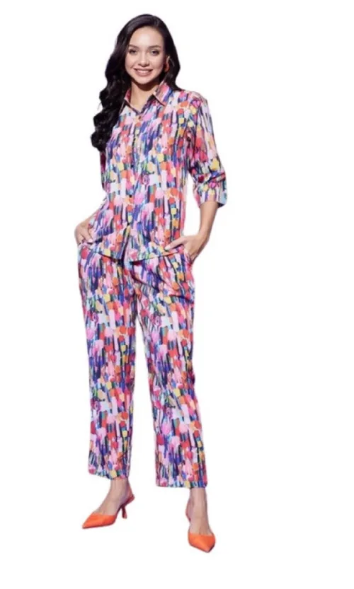 Women's Polyester Floral 3-4th Sleeve Co-Ord Set (Multicolor)