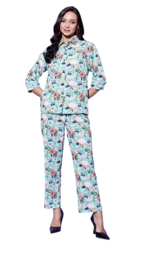 Women's Polyester Floral 3-4th Sleeve Co-Ord Set (Multicolor)