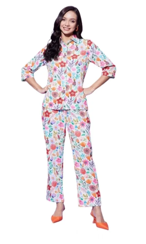 Women's Polyester Floral 3-4th Sleeve Co-Ord Set (Multicolor)