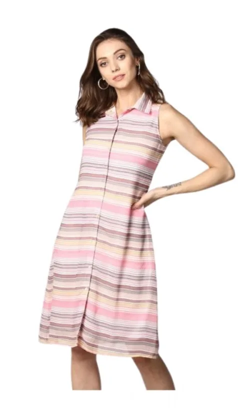 Women's Polyester Striped Sleeveless Dress (Pink)