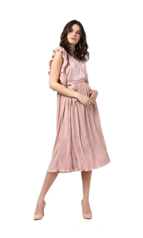 Women's Polyester Pleated Flutter Dress (Champagne Gold)
