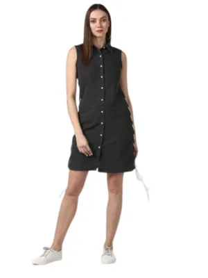 Women's Denim Solid Sleeveless Dress (Black)