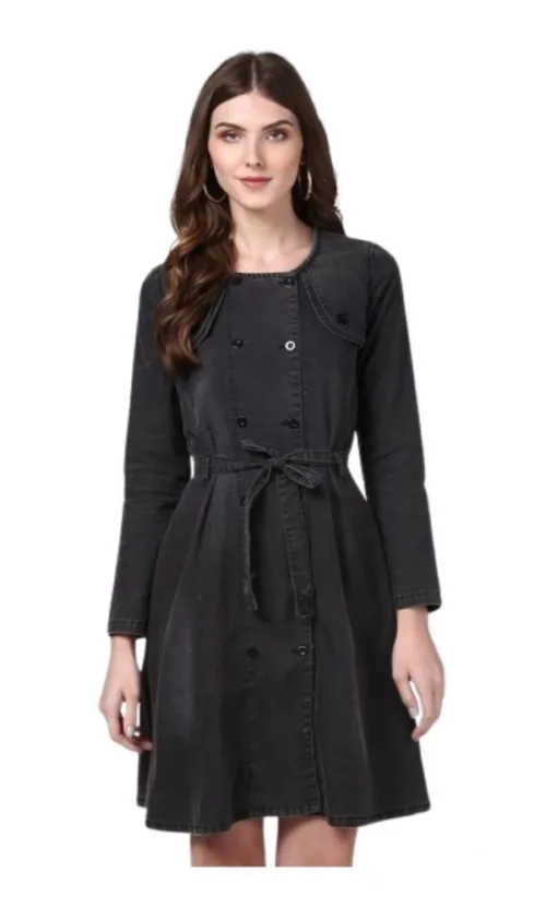 Women's Denim Washed Long Sleeves Dress (Black)