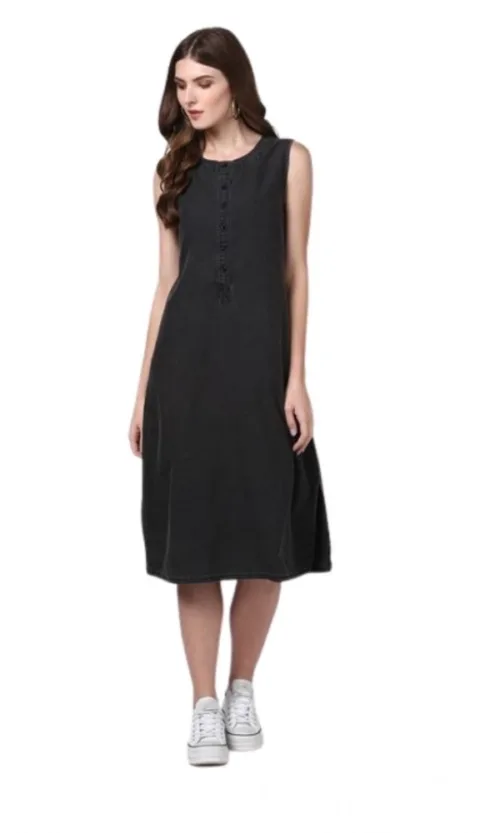 Women's Denim Solid Sleeveless Dress (Black)