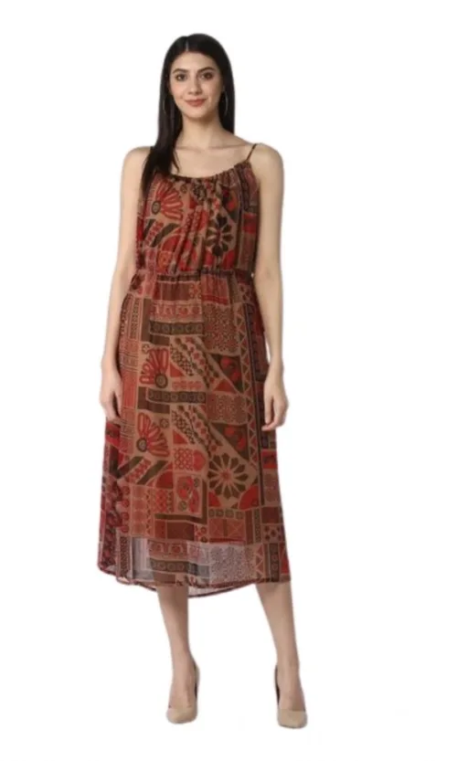 Women's Polyester Printed Shoulder Straps Dress (Maroon - Brown)