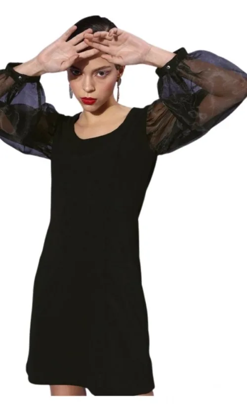 Women's Organza And Polyester Lycra Solid Long Sleeves Dress (Black)