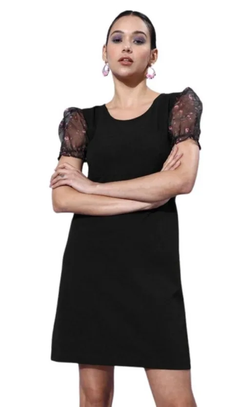 Women's Organza And Polyester Lycra Floral Short Sleeve Dress (Black)