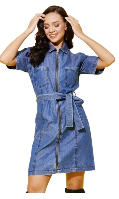 Women's Denim Solid Half Sleeve Dress (Blue)