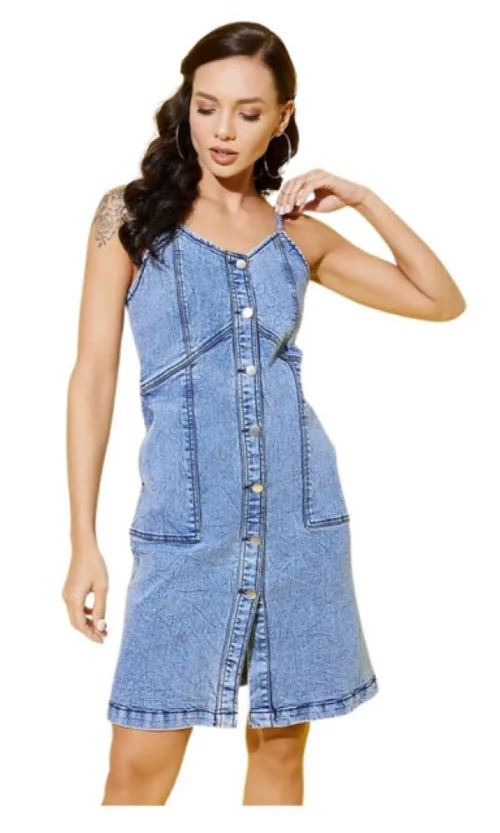 Women's Denim Solid Sleeveless Dress (Blue)