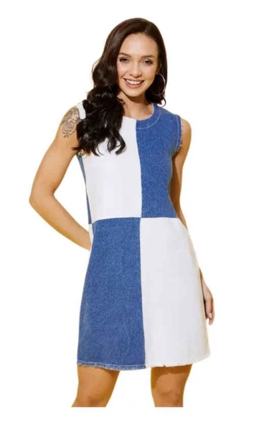 Women's Denim Color Blocking Sleeveless Dress (Blue)