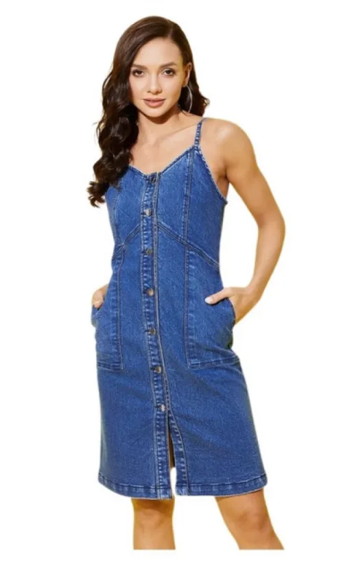 Women's Denim Washed Shoulder Straps Dress (Blue)