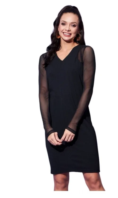 Women's Polyester And Net Solid Long Sleeves Dress (Black)