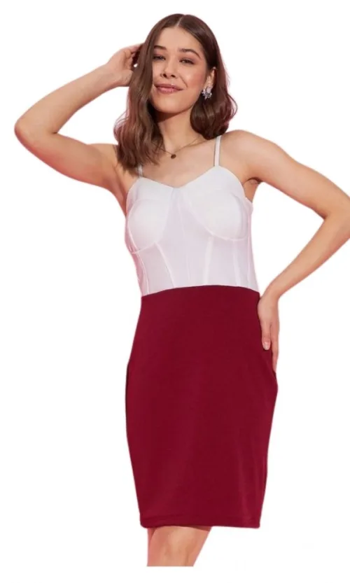 Women's Polyester Lycra Color Blocking Shoulder Straps Dress (White - Maroon)