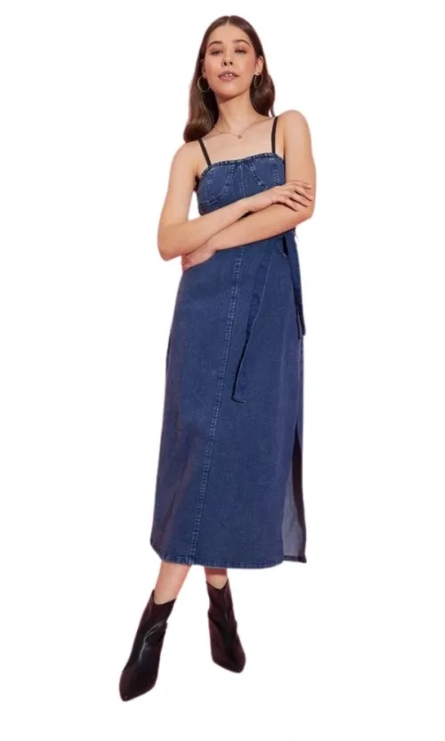 Women's Denim Solid Shoulder Straps Dress (Blue)