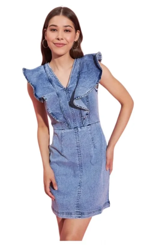 Women's Denim Solid Flutter Sleeve Dress (Blue)