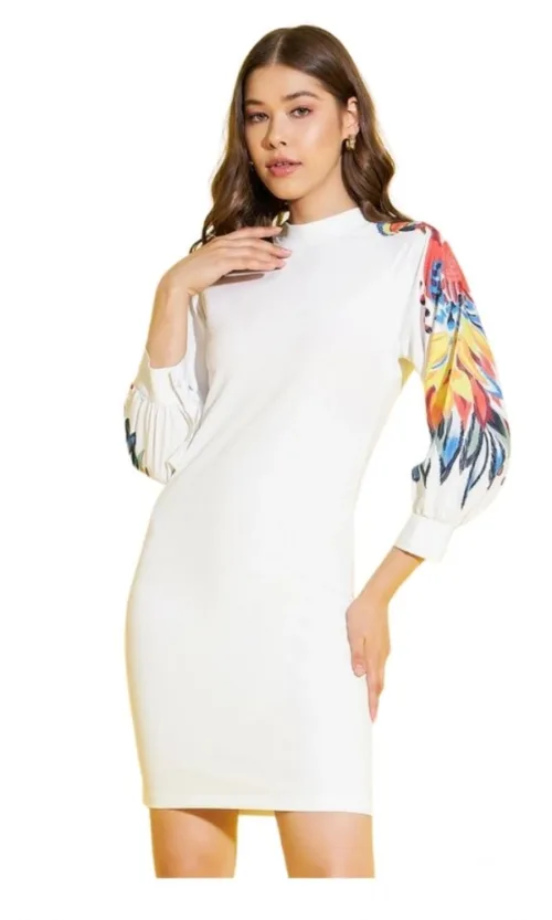 Women's Polyester Lycra Printed Long Sleeve Dress (Multicolor)