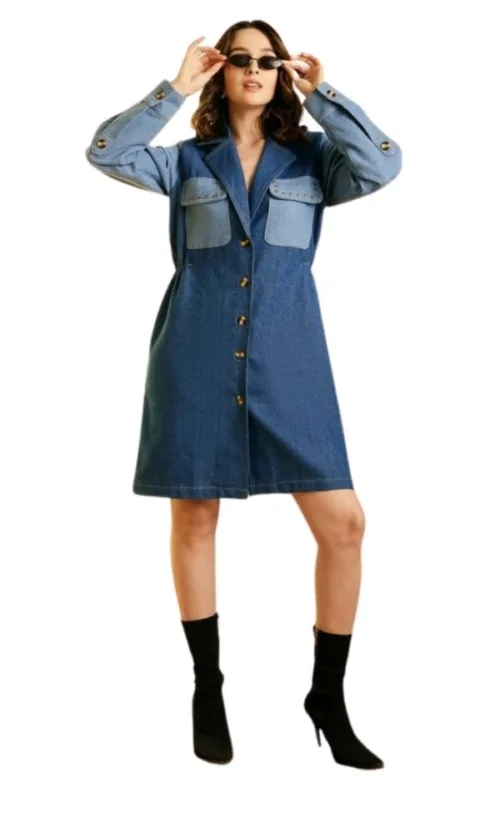 Women's Denim Color Blocking Roll Up Dress (Blue)